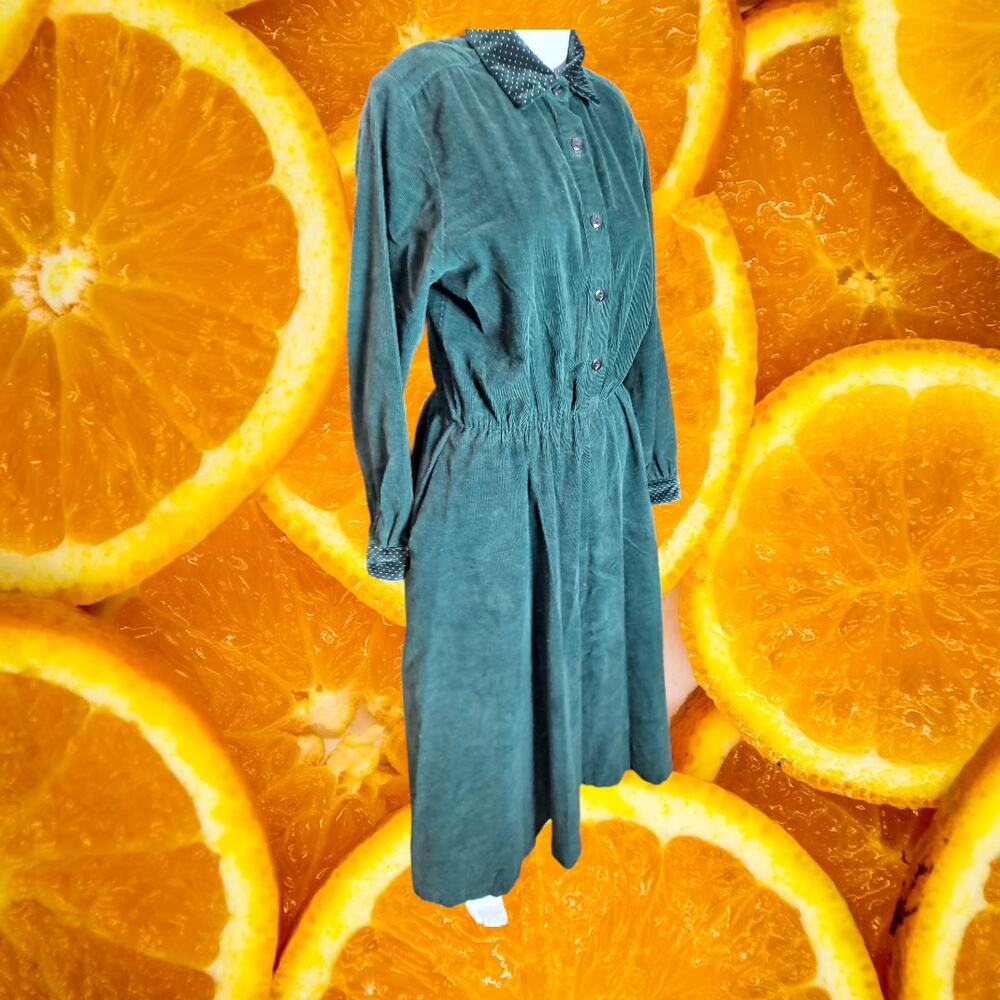Orvis Women's Vintage Prairie Green Cottage Corduroy Maxi Shirt Dress Size 12